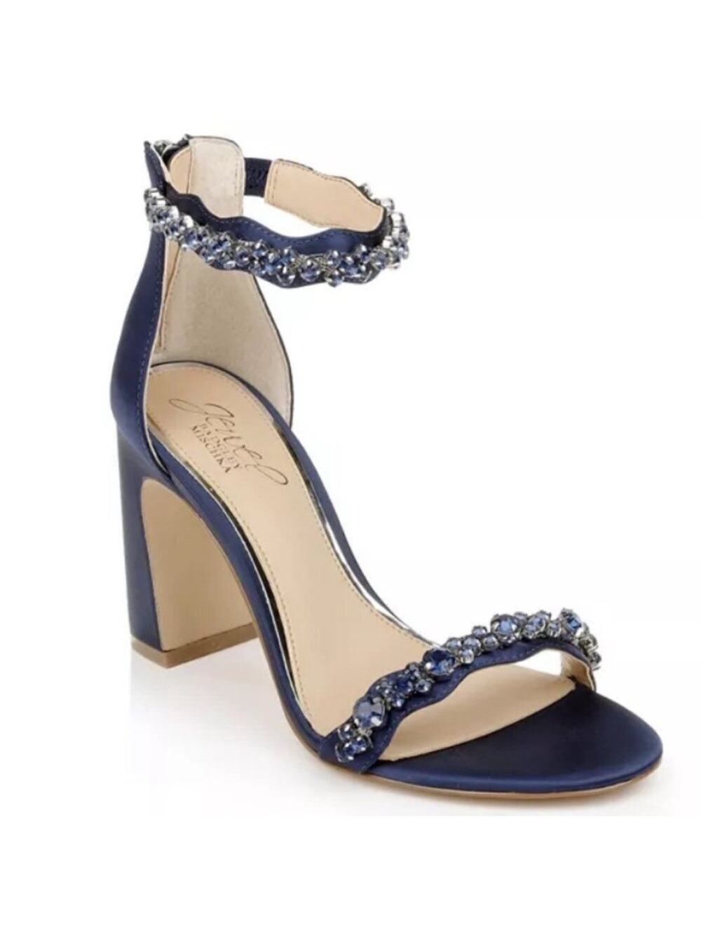 Jewel BADGLEY MISCHKA Embellished Navy Ankle-Strap Block Heel Sandal 7.5